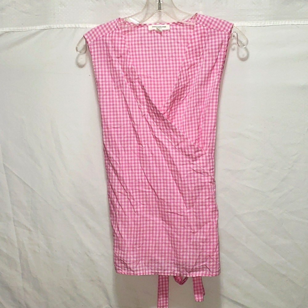 Beach Lunch Lounge Women Pink White Checkered Sleeveless Top Wrap Blouse Small